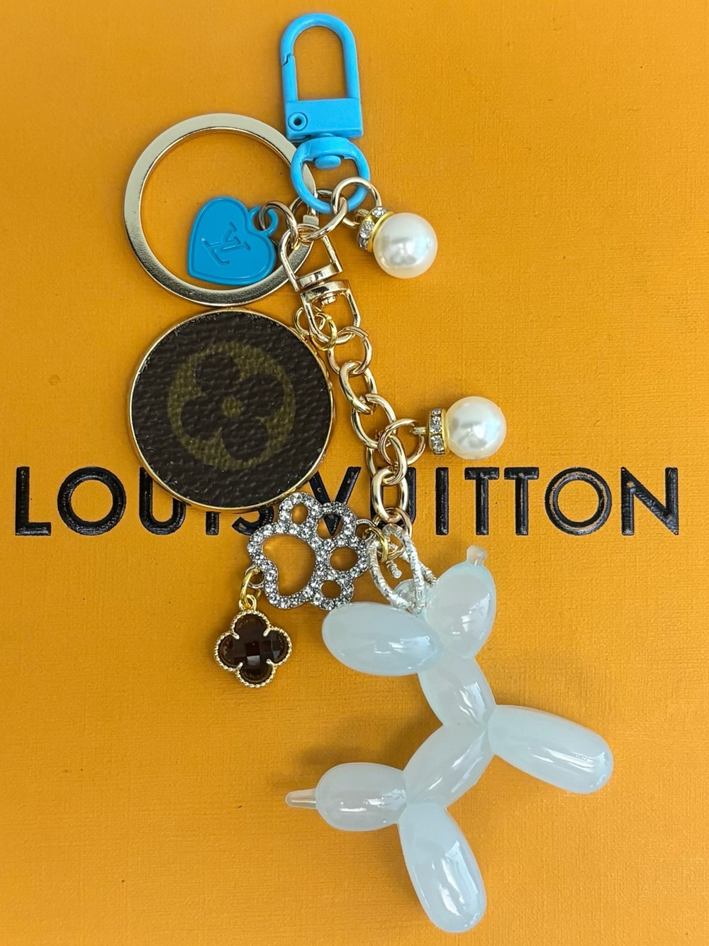 Louis Vuitton Bag Charm, blue dog, LV heart charm, monogram disc 5.75 inches